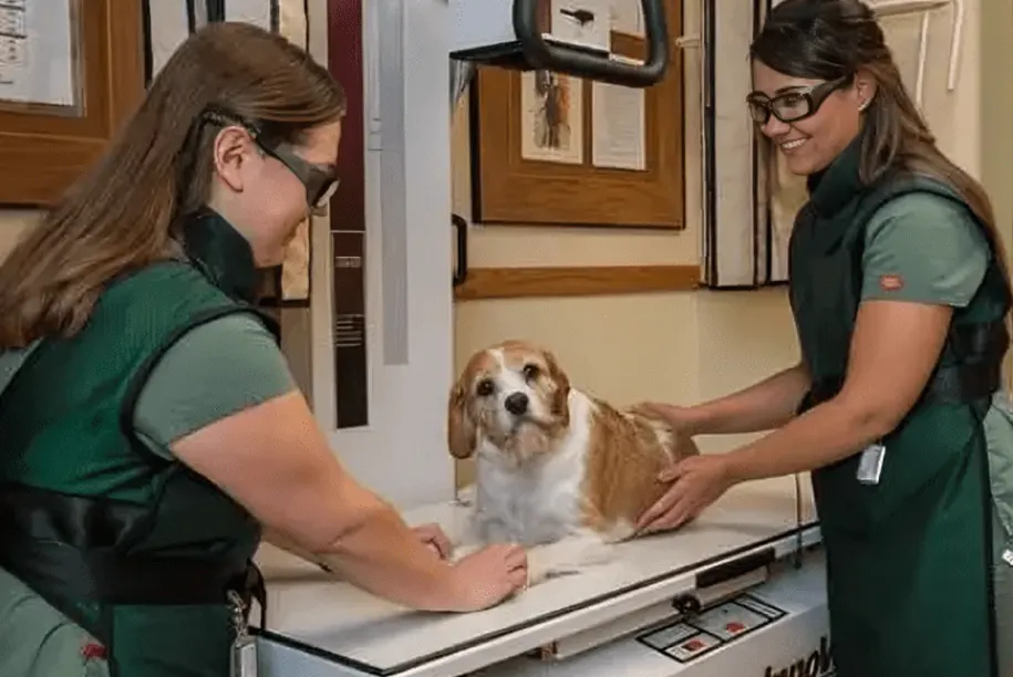 Two veterinary assistants preparing a dog for X-rays at Lakewood Animal Hospital